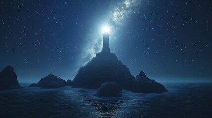 Night lighthouse guiding ships, starry sky, ocean rocks