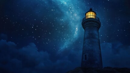 Night Lighthouse Guiding Starry Sky Coastal Scene