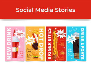 New menu drink and fast food update social media stories design template set vector flat