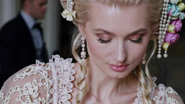 Elegant bride in floral headpiece: closeup on graceful movement and expression