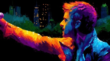 Impasto-style painting of a man in profile holding a microphone with a city skyline background in bold orange, purple, and blue st