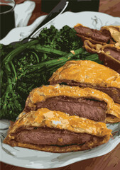 Beef Wellington vector illustration. Realistic gourmet dish with golden puff pastry and beef tenderloin. Perfect for restaurant menus, recipe books, and culinary design projects.