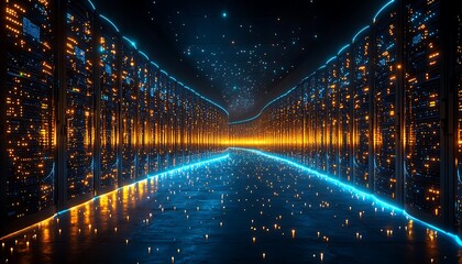 Futuristic server room corridor illuminated by glowing lights.