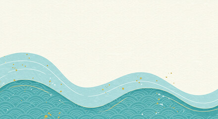 夏の青海波と涼やかな色合いの和風背景、浮世絵風、シンプル、コピースペースあり