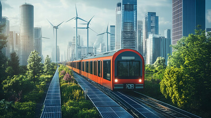 Naklejka premium Futuristic Orange Electric Train in Green City with Wind Turbines