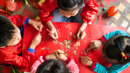 A focused young Chinese girl in a red traditional outfit, intensely painting or drawing on red paper during an art class or cultural activity, with other children blurred in the background, conveying 