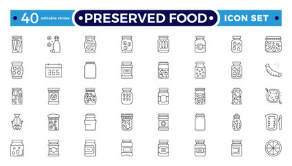 Preserved food outline icons. Fast food vector icon line set. Burger sandwich pizza hot dog cola coffee sweets. Editable stroke outline icon. 
