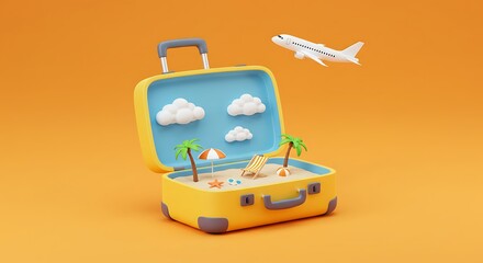 Travel Suitcase with Summer Scene. illustration of an open yellow suitcase revealing a miniature tropical beach scene inside