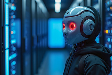 Suspect white AI robot wear hood jacket standing in data center server modern office working room in concept of cyber security hacking risk and privacy leak in cloud computing technology solution