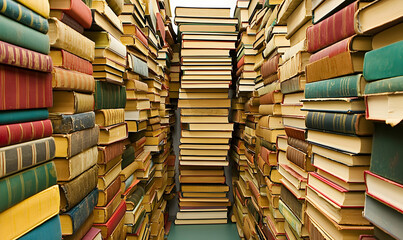 Fototapeta premium Narrow corridor formed by towering stacks of colorful, aged books, creating a sense of being surrounded by knowledge