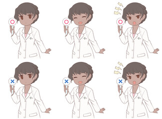 マルやバツの書かれたプラカードを持つ褐色肌の女性薬剤師。3種類の表情と2種類の記号セット