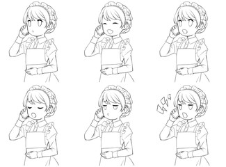 スマホで電話をかけるメイドの線画。様々な表情6種類セット