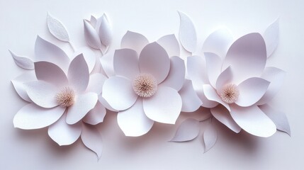 Paper flowers, delicate design, white background, art craft