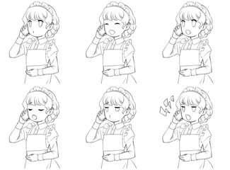 スマホで電話をかけるメイドの線画。様々な表情6種類セット