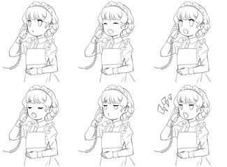 受話器を持って話すメイドの線画。様々な表情6種類セット