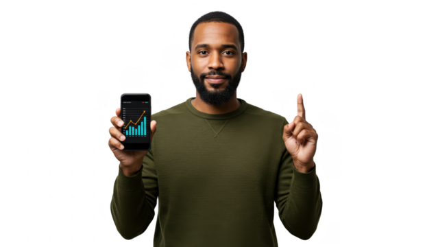 Man showing smartphone financial graph transparent background - Powered by Adobe