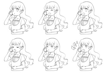スマホで電話をかける夏服の若い女性。様々な表情6種類の線画セット