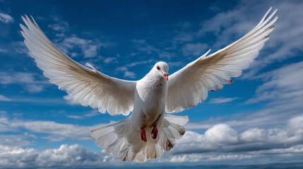 Fototapeta premium Dove, Holy spirit dove flies in blue sky, bright light shines from heaven, christian symbol 