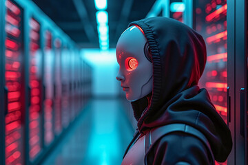 Suspect white AI robot wear hood jacket standing in data center server modern office working room in concept of cyber security hacking risk and privacy leak in cloud computing technology solution