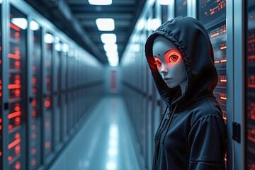 Suspect white AI robot wear hood jacket standing in data center server modern office working room in concept of cyber security hacking risk and privacy leak in cloud computing technology solution