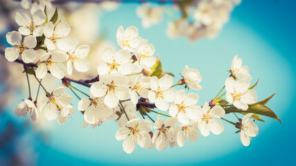 A soft, dreamy photograph of white cherry blossoms against a turquoise blue background