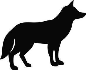 Black silhouette of a walking fox on a white background.