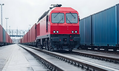 Obraz premium Red engine pulls many cargo containers along the railway tracks in a loading yard on a gray, cloudy day