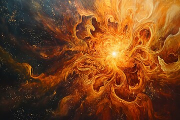 	A star being born within a brilliant cloud of fire-orange and gold stardust