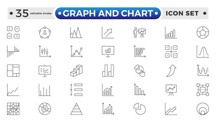 Growing bar graph and Chart outline icon set. Business graphs and charts icons. Statistics and analytics vector icon. Statistics and data, charts diagrams, money. Editable stroke outline icon. 