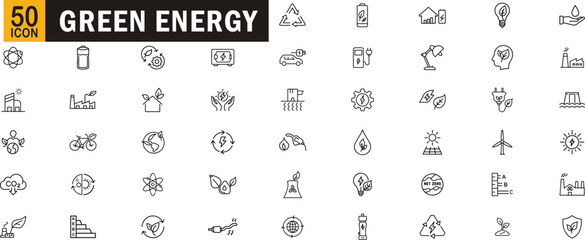 Green energy editable outline icon set. Solar, wind, renewable, eco power, electric car, sustainability, recycling, battery, energy saving and more.