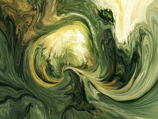 Obraz premium Abstract swirling green and yellow nature inspired artwork with forest trees and canopy creating a panoramic surreal visual impression