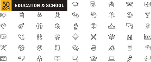 Education and school outline icon set. Learning, students, books, graduation, teaching, creativity, science, classroom, and more.