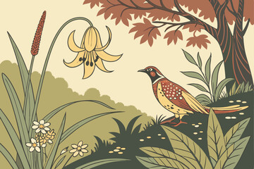 185 detailed botanical illustration, rich colors, realistic floral motifs, dense foliage, lush undergrowth, organic textures, intricately patterned background, whimsical natural elements, vibrant wild