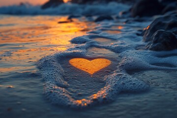 
Footprints forming a heart at the high tide line.

