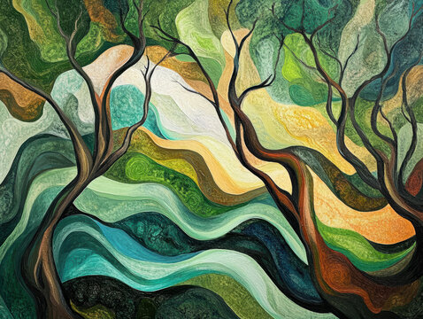 Abstract colorful painting of twisting tree branches and flowing lines with vibrant green blue orange and yellow hues in an artistic landscape style