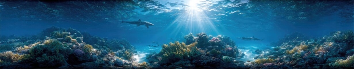 Naklejka premium Sunlit Underwater Coral Reef Landscape