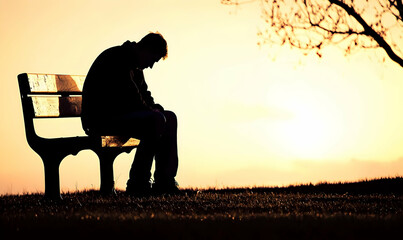 Silhouette of lonely man slumped on park bench at sunset, conveying sadness and contemplation