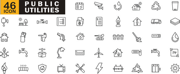 Public utilities editable outline icon set. Energy, water, gas, electricity, recycling, sanitation, waste, plumbing, heating and more.
