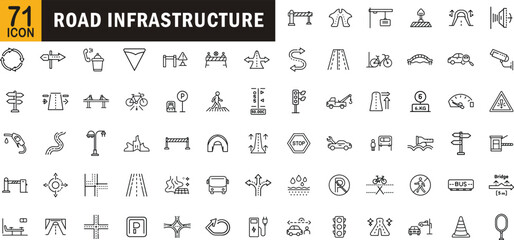 Road infrastructure editable outline icon set. Street, signage, traffic, transportation, construction, directions, parking, barriers, bridges, and highways.