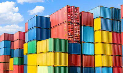 Obraz premium Stacks of colorful shipping containers against a blue sky with fluffy white clouds
