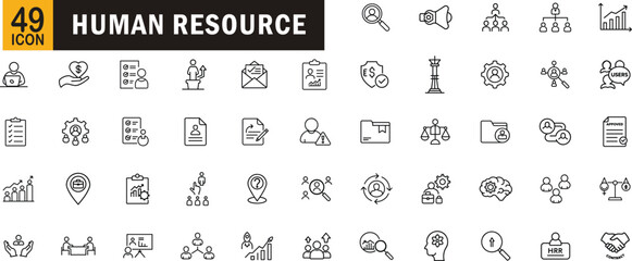 Human resource editable outline icon set. Recruitment, employee management, HR processes, onboarding, talent search, payroll, performance review and more.