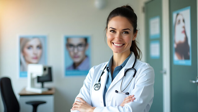 Friendly eye doctor in a warmly lit medical environment