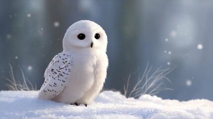 Snowy owl perched quietly in a snowy landscape during a gentle snowfall at dusk