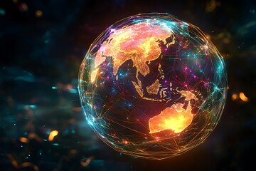 	A stylized network globe with bright holographic lines webbing around glowing landmasses, floating in a sleek digital void 