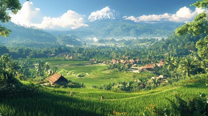 Lush Green Valley Landscape with Traditional Houses and Majestic Mountain