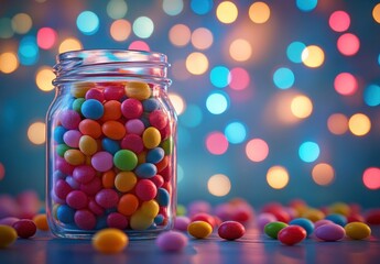 Colorful Candies in Glass Jar with Bokeh Lights