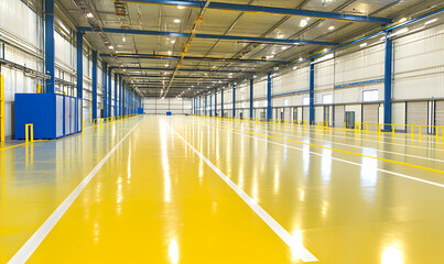 Vast, empty industrial warehouse with polished yellow floor and blue support beams