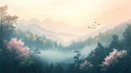 Obraz premium Misty Mountain Valley Sunrise with Pink Blossoms and Birds