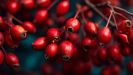 Bright red rosehips hang in clusters, showcasing their vibrant color and texture