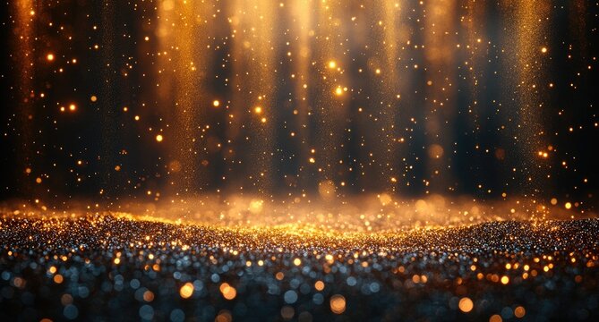 Golden particles fall from a dark background.